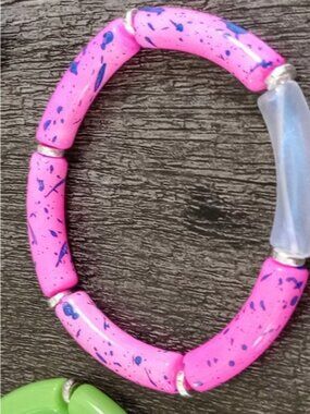 Handmade Hot Pink Speckled Tube Bead Stretch Bracelet Women's Fashion Jewelry